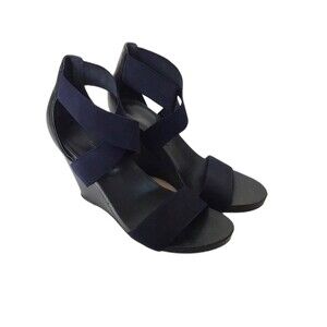 BCBGeneration Elastic Ankle Strap Open Toe Strappy Wedge Sandals Navy Size 7.5